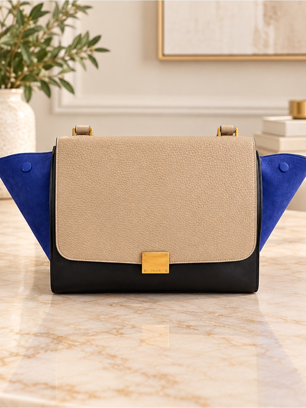 Celine Trapeze Tricolor Leather Suede Bag Black Taupe Blue